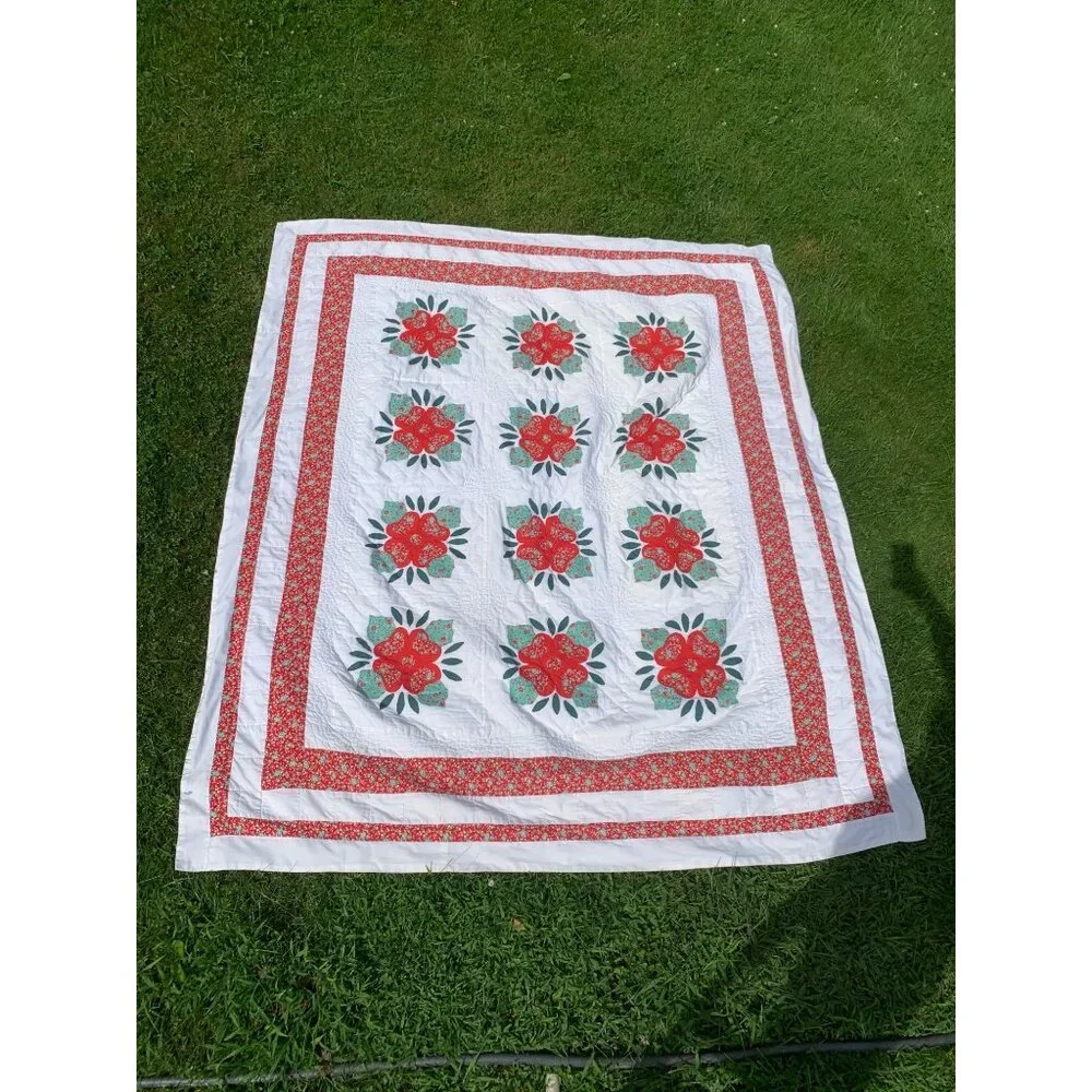 Vintage Lancaster Country Rose Applique` Hand Sewn Quilt 90X70
